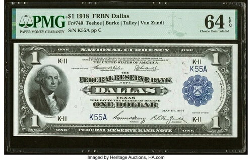 1918 年 $1 FRBN ダラス テキサス - 低シリアル 55 - PMG 64 EPQ PCGS PPQ - Fr 740 - 希少!