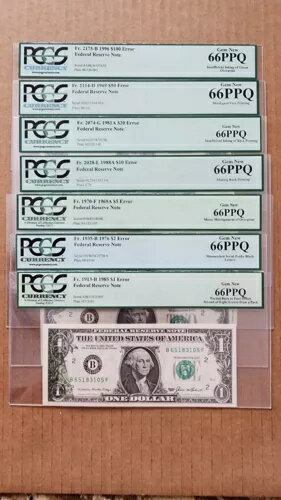 $1-$2-$5-$10-$20-$50-$100 FRN エラー ノート PCGS66PPQ