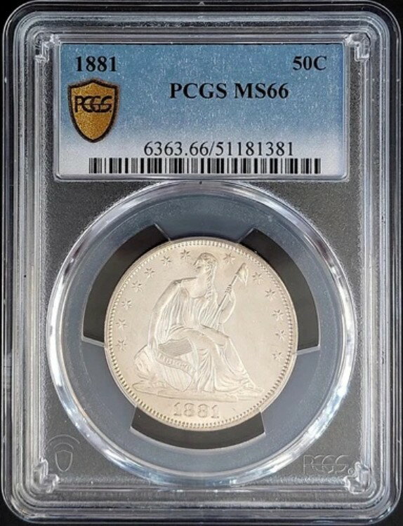 1881 年製、座像自由の女神像半ドル、PCGS により MS 66 と認定!