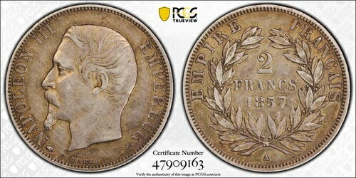 フランス 2フラン ナポレオン3世 1857年 A シルバー PCGS AU50