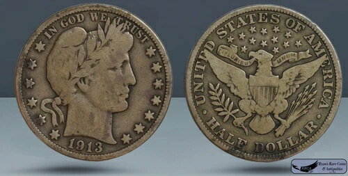 1913年バーバーハーフダラー、非常に良好な状態、銀貨、タフナー日付、C8205