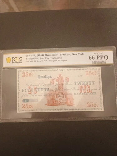 1864年 25セント ブルックリン NY 残存物 廃盤通貨 紅茶輸入業者 PCGS 66 Unc