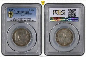 PCGS MS61 1939-J 5 Mk ライヒスマルク ヒンデンブルク J-367 第三帝国 銀貨 ドイツ WW2