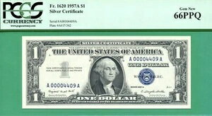低シリアル - A 00004409 A - 1957A $1 SC - PCGS GEM 66 PPQ - Fr 1620 - 1957 A(3)