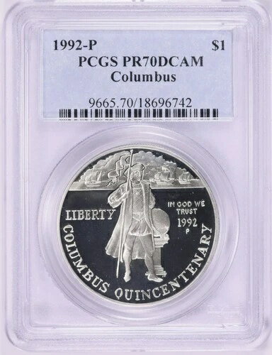 1992年 P $1 コロンブス記念銀貨 PCGS PR70DCAM PF 70 ウルトラカメオ