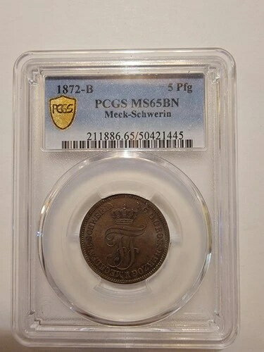 ドイツ 1872- B メック・シュヴェリーン 5 Pfe、低鋳造枚数 459,000枚、PCGS MS 65 BN、TOP POP