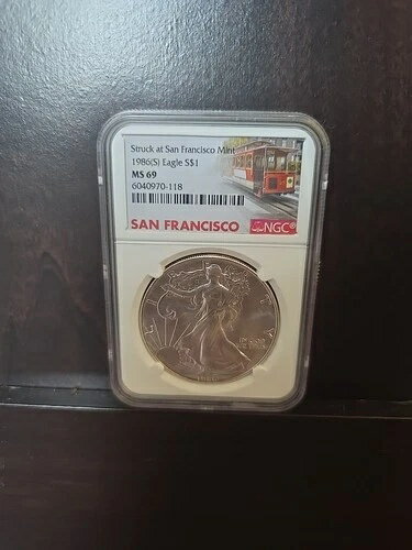 1986 S シルバーイーグル NGC MS69 - サンフランシスコケーブルカーラベル
