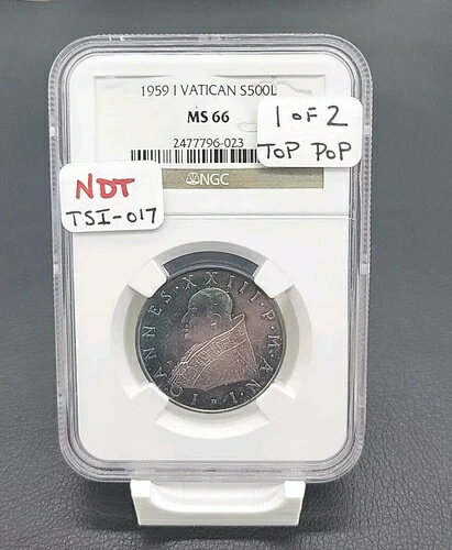 1959年 バチカン銀貨 500リラ モンスタートーニング NGC MS66 1/2 トップポップ