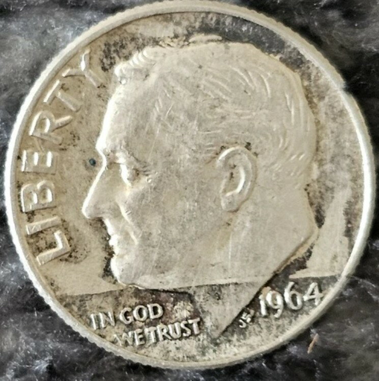 1964 年、希少なエラー シルバー D ダイム、Ob および Rev. D. D. フルバンドの染料が欠落しています。