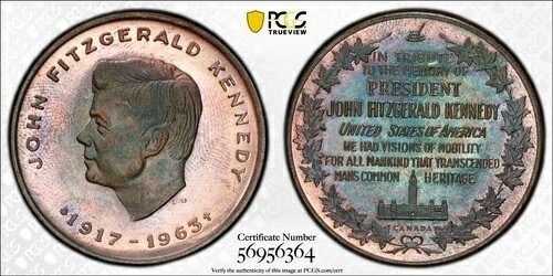 MS64RB 1963 カナダ JFK ジョン・ケネディ トリビュート メダル、PCGS トーン ソロ トップ ポップ!