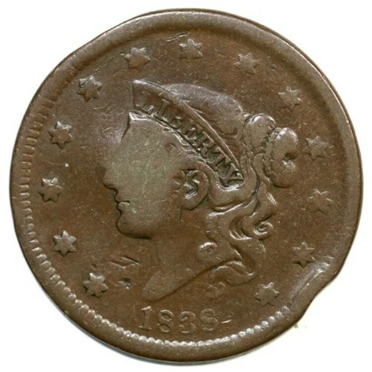 1838年 N-7 R-1 ミントエラー スプリットプランシェット マトロンまたはコロネットヘッド ラージセント..