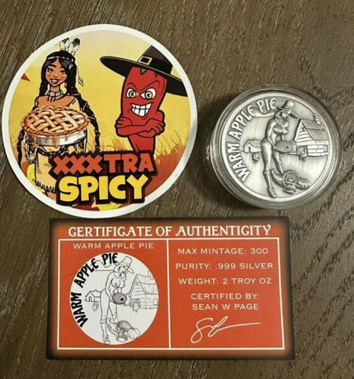 STL ミント アップルパイ XXXスパイシー シルバー 2オンス .999 アートラウンド 300 ミント COA & ステ..