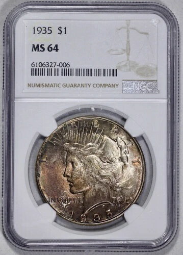 1935年ピースシルバー1ドルNGC MS 64銅チョコレートトーン
