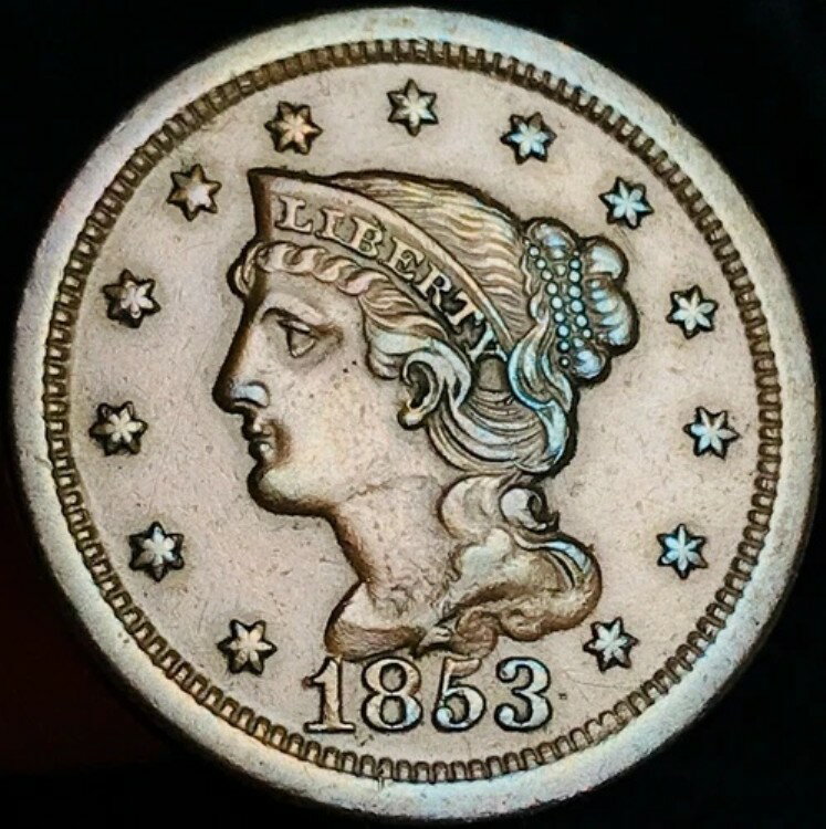 1853年 ラージセント マトロン 編み髪 1セント 高級チョイス 米国銅貨 CC25197