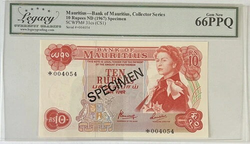モーリシャス 10ルピー 1967年 標本 Pk 31cs (CS1) LGC 66 PPQ 宝石 新エリザベス2世