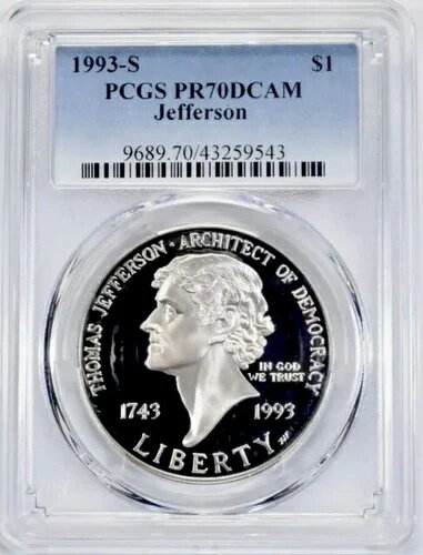 1993年 トーマス・ジェファーソン シルバーダラー PCGS PR70 ??完璧な品質??