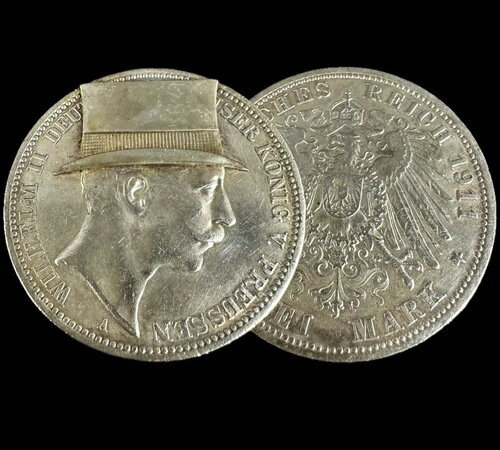 3マルク銀貨 プロイセン 1911年 ヴィルヘルム2世の円筒形モッキングコイン 1918年以降