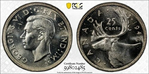 1947年カナダ銀貨25セント - メープルリーフ7キロ後#35 - PCGS MS64