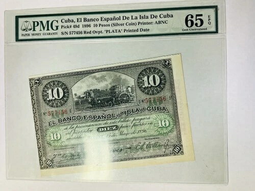 El Banco Espanol De La Isla De 49d 1896 10 ペソ 赤 Ovpt.プラタ PMG 65 EPQ