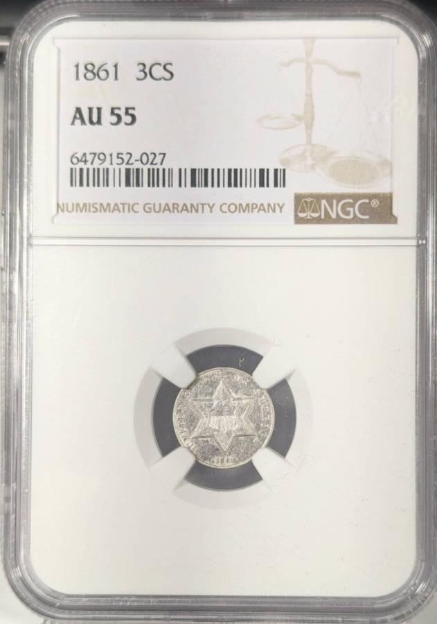 1861 Pシルバー3セントピース-TrimesNGCAU -55 1861 P Silver Three Cent Pieces - Trimes NGC AU-55