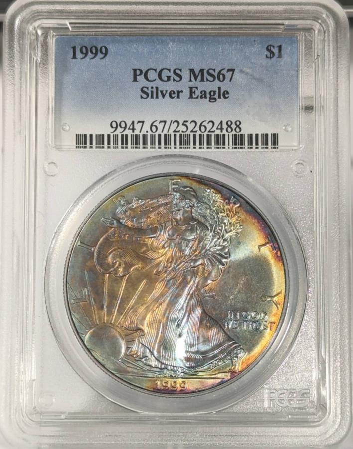 yɔi/iۏ؏tz AeB[NRC _RC [] 1999 P Bullion Silver Eagles PCGS MS-67Vo[C[OC{[q 1999 P Bullion Silver Eagles PCGS MS-67 Silver Eagle Rainbow Toning