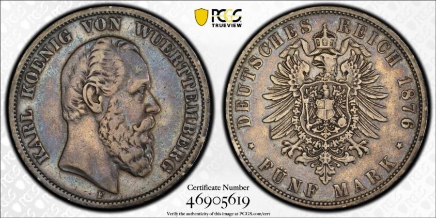 1876 fСɥWurttemburg 5ޡ-PCGS XF40 1876 F Silver Germany Wurttemb...
