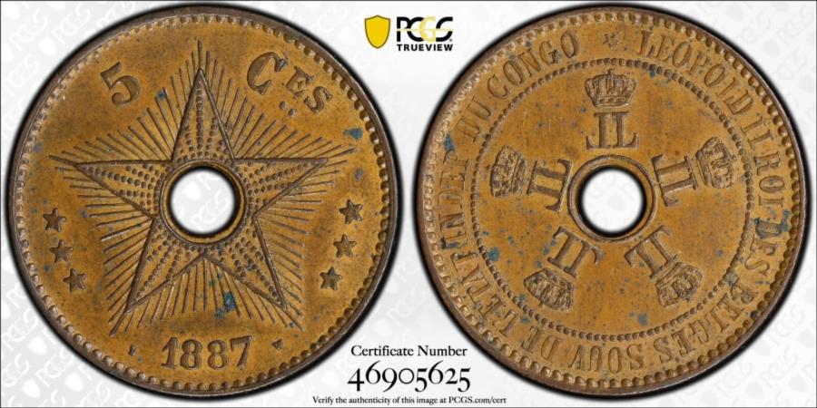 yɔi/iۏ؏tz AeB[NRC _RC [] 1887 Congo Free State Copper 5 Centimes PCGS MS-62 BN 1887 CONGO FREE STATE Copper 5 CENTIMES PCGS MS-62 BN