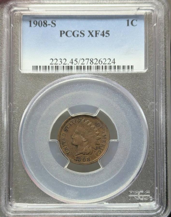 1908年の小さなセントインディアンヘッドPCGS XF-45 BN 1908 S Small Cents Indian Head PCGS XF-45 BN