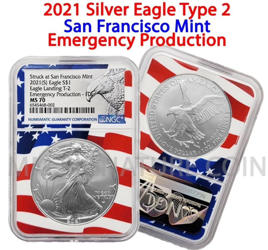 yɔi/iۏ؏tz AeB[NRC _RC [] 2021isj$ 1Vo[C[ONGC MS70ً}YFDOItORA^Cv2 2021 (S) $1 Silver Eagle NGC MS70 Emergency Production FDOI Flag Core Type 2