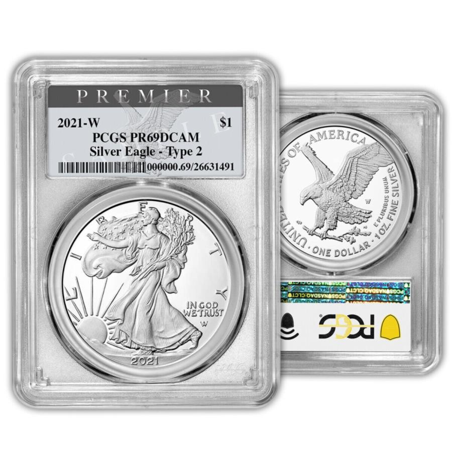 yɔi/iۏ؏tz AeB[NRC _RC [] 2021 -Wؖ$ 1^Cv2AJVo[C[OPCGS PR69DCAM-v~Ax 2021-W Proof $1 Type 2 American Silver Eagle PCGS PR69DCAM - Premier Label