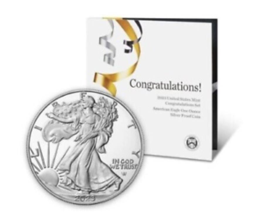 yɔi/iۏ؏tz AeB[NRC _RC [] 2023 w $ 1ؖVo[C[O߂łƂZbg - z 2023 W $1 Proof Silver Eagle Congratulations Set - Shipping Now