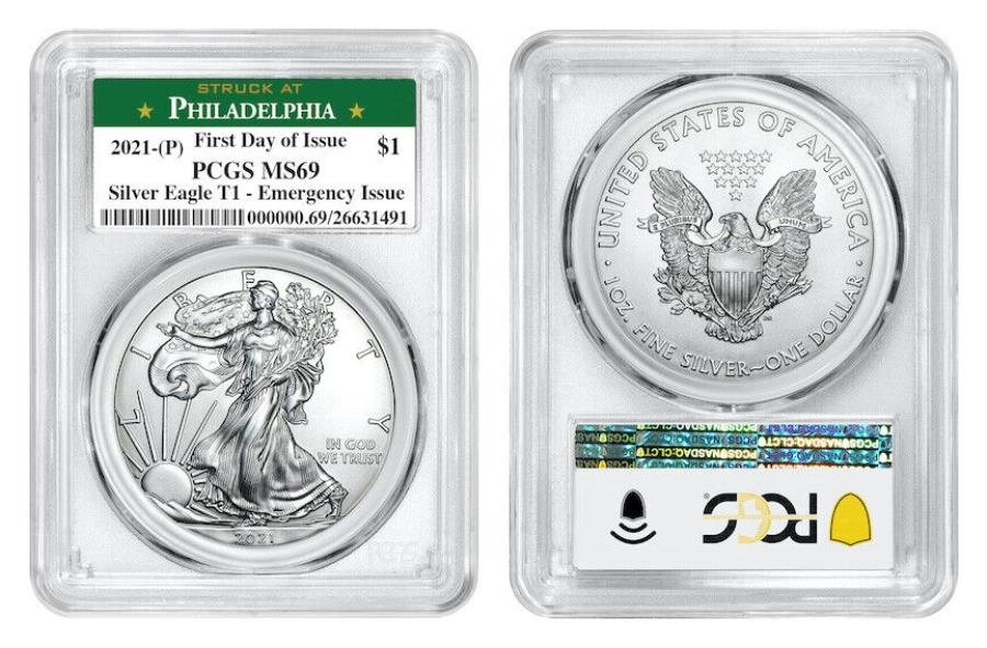 yɔi/iۏ؏tz AeB[NRC _RC [] 2021ipjAJC[O$ 1ً}PCGSMS69tBftBAFDOIbg20 2021 (P) AMERICAN EAGLE $1 EMERGENCY ISSUE PCGS MS69 PHILADELPHIA FDOI Lot of 20