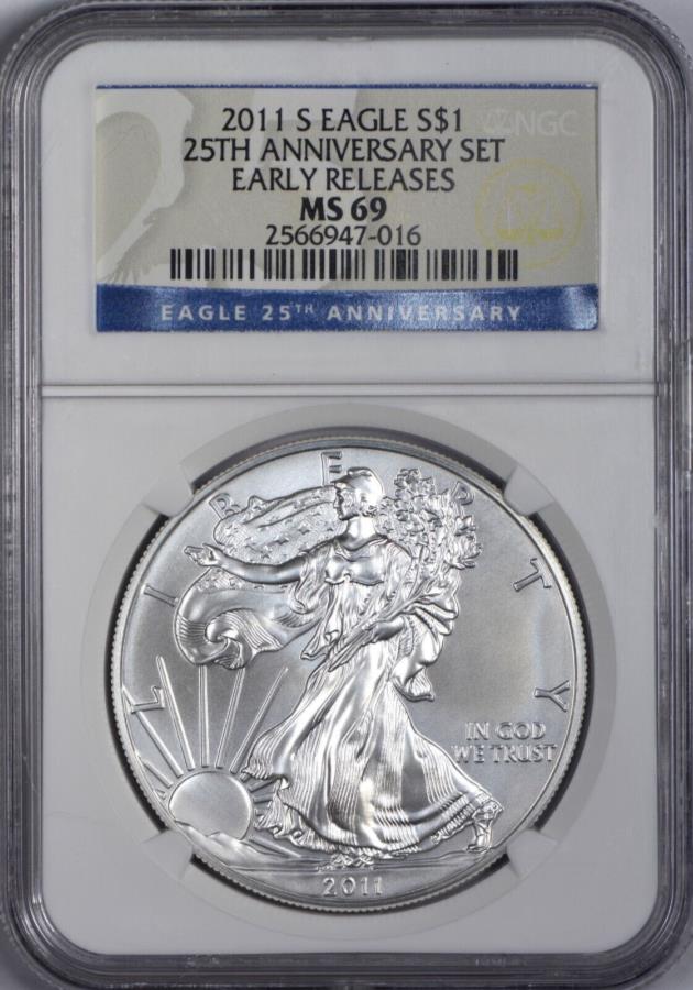 【極美品/品質保証書付】 アンティークコイン モダンコイン [送料無料] 2011 S American Silver Eagle NGC MS69-アーリーリリース-25周年記念セット 2011 S American Silver Eagle NGC MS69 - Early Releases - 25th Anniversary Set