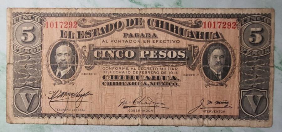 【極美品/品質保証書付】 アンティークコイン モダンコイン 送料無料 1914年メキシコチワワ5ペソ革新的な流通紙幣＃M42A 1914 Mexico Chihuahua 5 Peso Revolutionary Circulated Banknote M42A