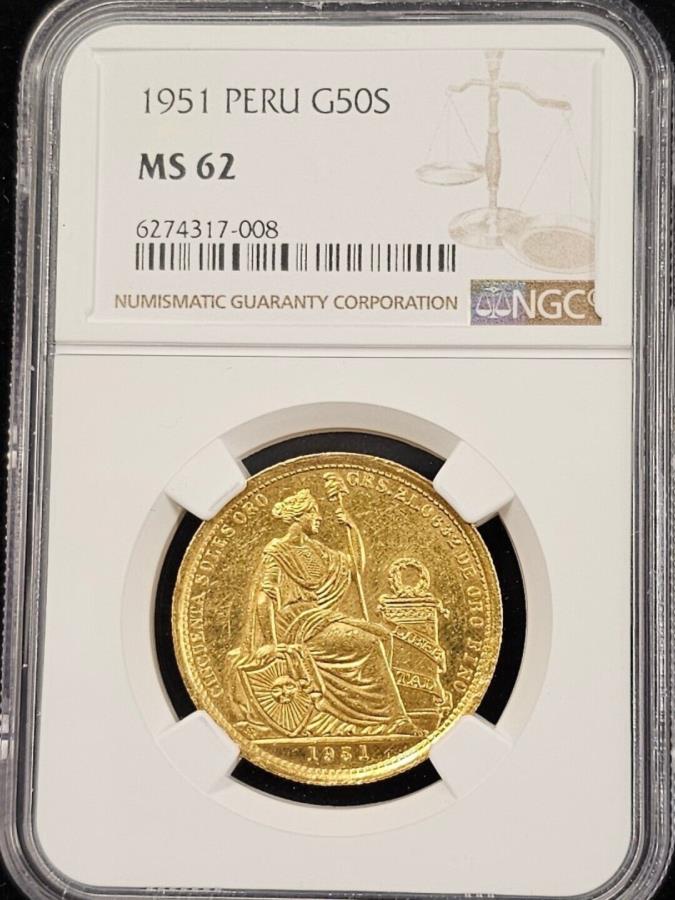【極美品/品質保証書付】 アンティークコイン モダンコイン [送料無料] 1951 MS62ペルーゴールド50ソールNGC認定金 1951 MS62 Peru Gold 50 Soles NGC Certified Gold