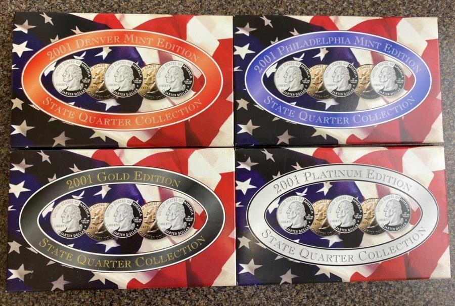 【極美品/品質保証書付】 アンティークコイン モダンコイン 送料無料 2001フィラデルフィア デンバー ゴールド プラチナステートクォーターミントセット 2001 Philadelphia, Denver, Gold, and Platinum State Quarter Mint Sets
