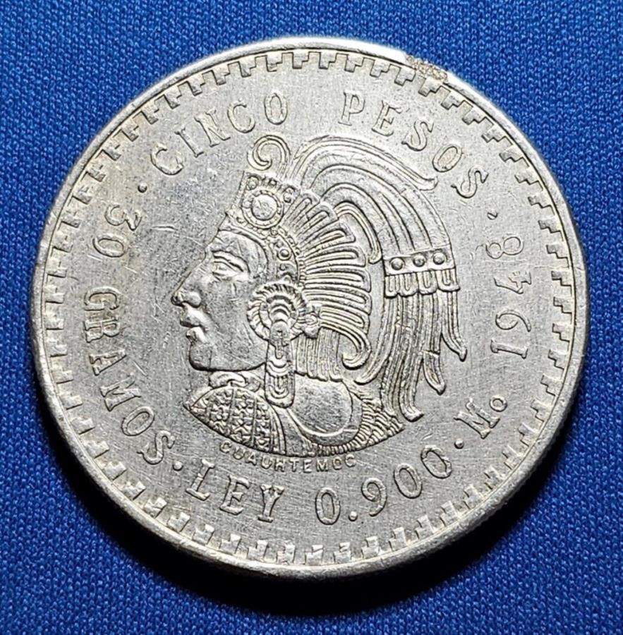 yɔi/iۏ؏tz AeB[NRC _RC [] BU 1948VRy\.900Vo[CUAUHTEMOC AZTEC WARRIOR MEXICAN COIN KM465 BU 1948 Cinco Pesos .900 Silver Cuauhtemoc Aztec Warrior Mexican Coin KM#465