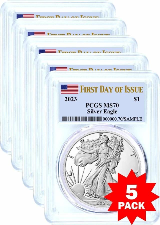 yɔi/iۏ؏tz AeB[NRC _RC [] 2023 $ 1Vo[C[OPCGS MS70s̏tOx-5pbN 2023 $1 Silver Eagle PCGS MS70 First Day of Issue Flag Label -- 5 PACK