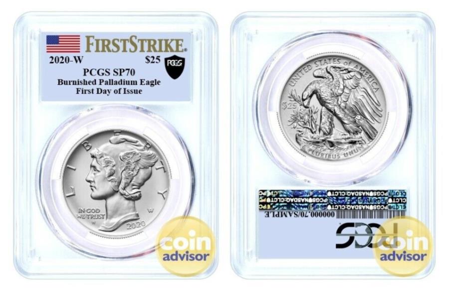 yɔi/iۏ؏tz AeB[NRC _RC [] 2020 w $ 25o[hpWEC[OPCGS SP70ŏ̃XgCN 2020 W $25 Burnished Palladium Eagle PCGS SP70 First Strike First Day of Issue