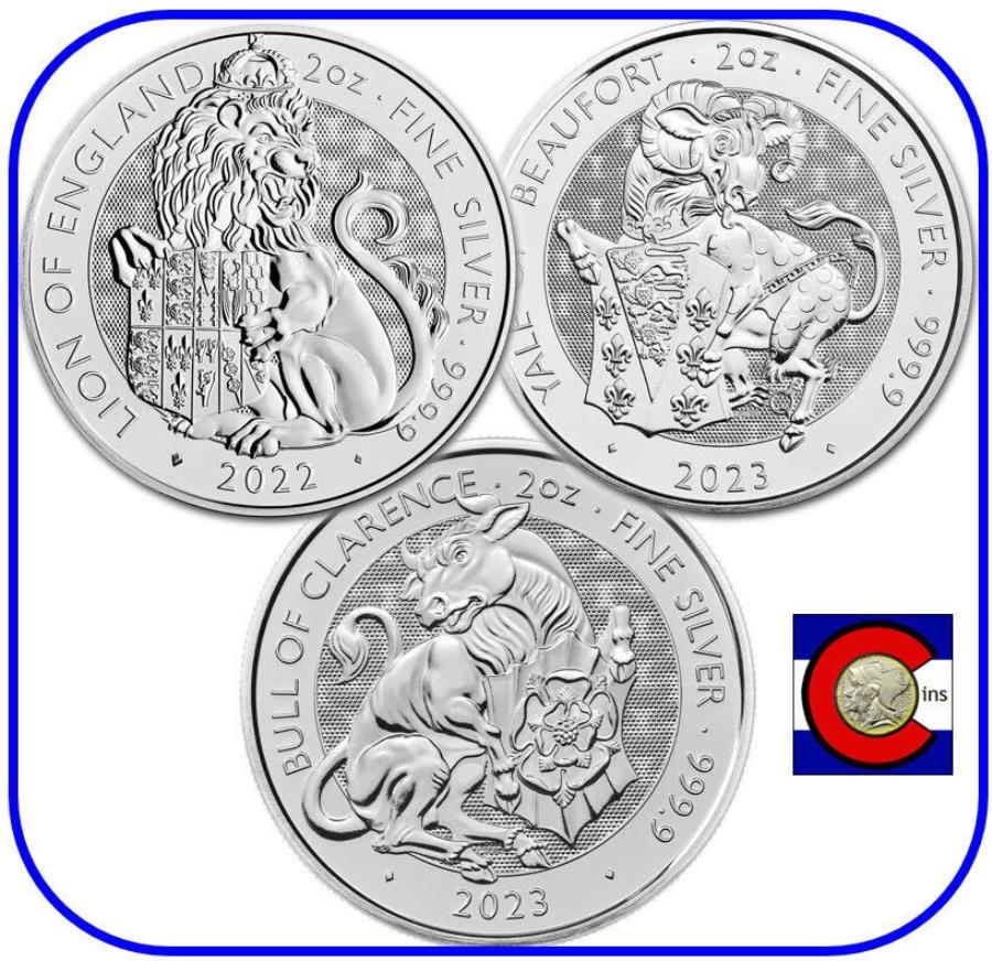 yɔi/iۏ؏tz AeB[NRC _RC [] 2022-2023C`[_[r[XgCICF[ui3j-2IXJvZ̋ 2022-2023 Royal Tudor Beasts Lion Yale Bull (3) - 2 oz Silver Coins in Capsules