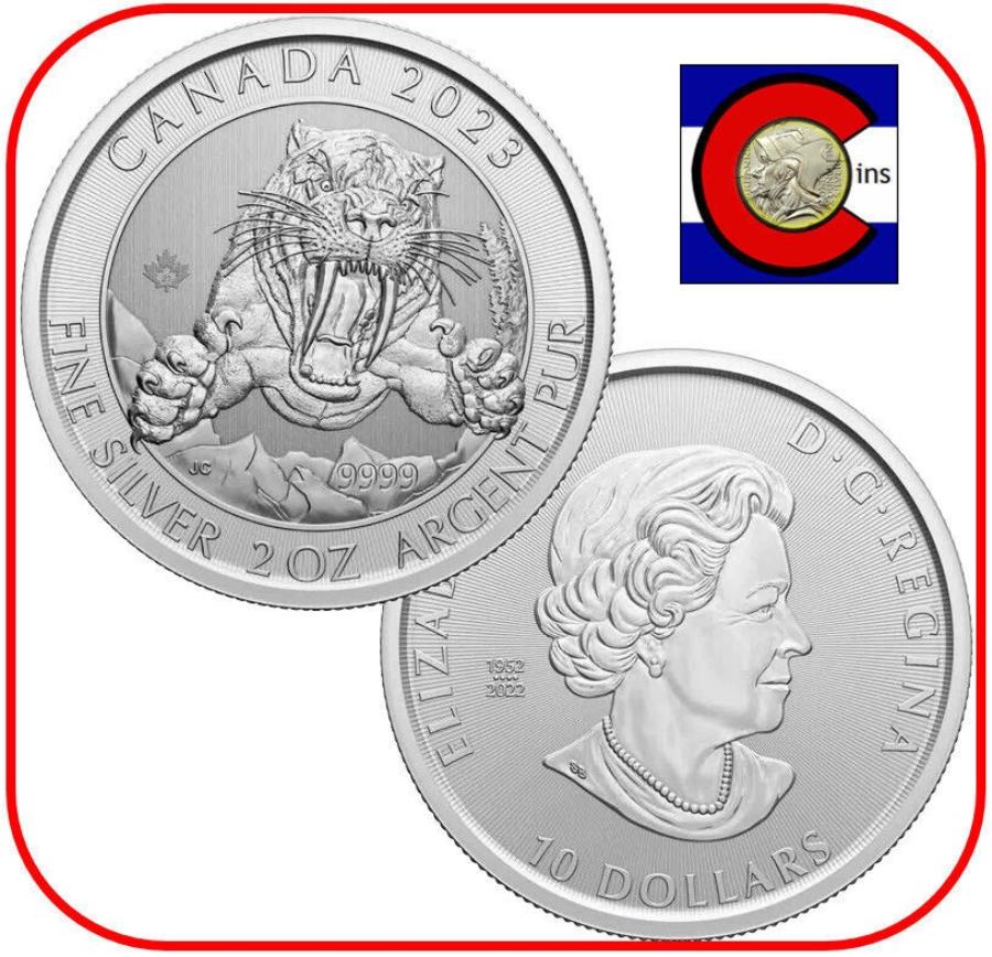 yɔi/iۏ؏tz AeB[NRC _RC [] 2023Ji_X~hTugD[XLbg2IXbuVo[Ji_RCJvZ 2023 Canada Smilodon Sabre-Tooth Cat 2 oz BU Silver Canadian Coin in capsule