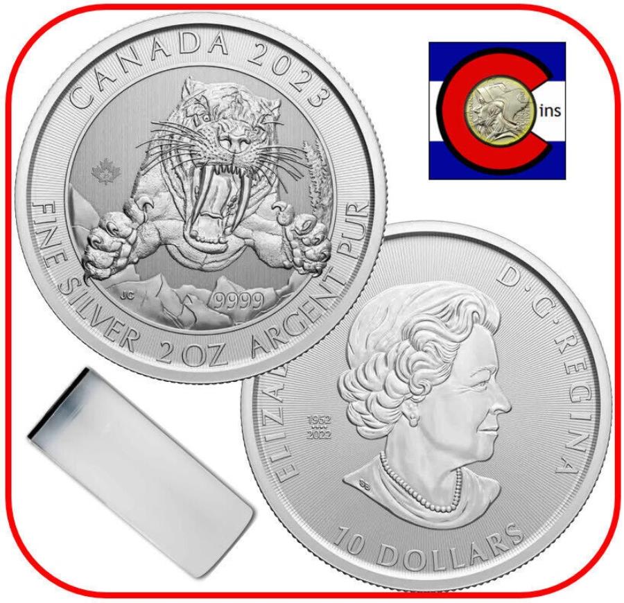 yɔi/iۏ؏tz AeB[NRC _RC [] 2023Ji_X~hTugD[XLbg2IYuVo[RC-14RC~g`[u 2023 Canada Smilodon Sabre-Tooth Cat 2 oz BU Silver Coin -- 14 coin Mint tube