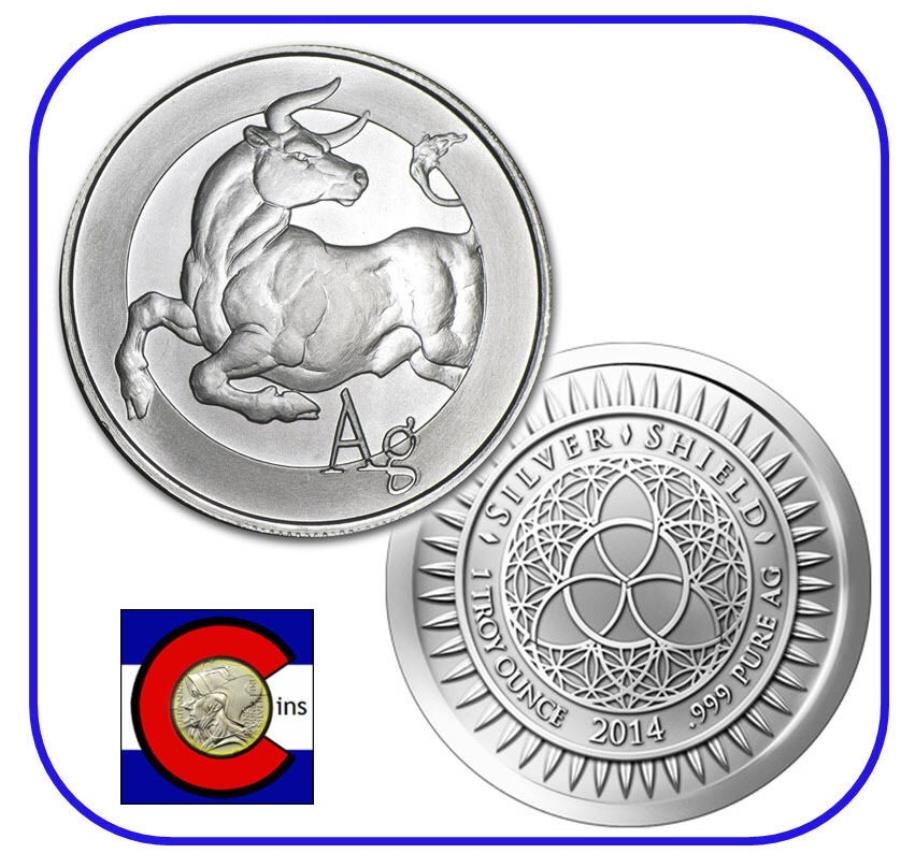 yɔi/iۏ؏tz AeB[NRC _RC [] 2014 Silver Shield AG Bull 1 OzB AirTitẽVo[Eh/RC 2014 Silver Shield Ag Bull 1 oz. Silver Round/Coin in airtite