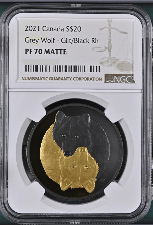  アンティークコイン モダンコイン  2021カナダブラックアンドゴールドグレーウルフ1オンスシルバーコインNGC PF 70マット 2021 Canada Black and Gold Grey Wolf 1oz Silver Coin NGC PF 70 MATTE
