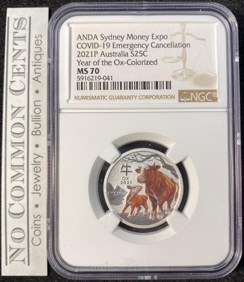2021ǯȥꥢȥɥˡݥ顼åɥʡå1/4󥹥СNGC MS 70 2021 Australia ANDA Sydney Expo Colorized Lunar Ox 1/4 oz Silver Coin NGC MS 70