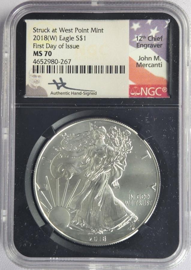 yɔi/iۏ؏tz AeB[NRC _RC [] 2018-iWjSilver Eagle NGC MS 70s̏ - John Mercanti 2018-(W) Silver Eagle NGC MS 70 First Day of Issue - Signed By John Mercanti