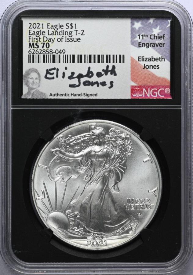 yɔi/iۏ؏tz AeB[NRC _RC [] 2021Vo[C[OT -2 NGC MS 70s̍ŏ̓ - GUxXW[Y 2021 Silver Eagle T-2 NGC MS 70 First Day of Issue - Elizabeth Jones Signed