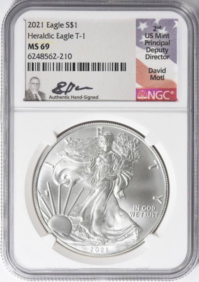 2021 $ 1シルバーイーグルT1 NGC MS-69署名DavidMotl 2021 $1 Silver Eagle T1 NGC MS-69 Signed by David Motl