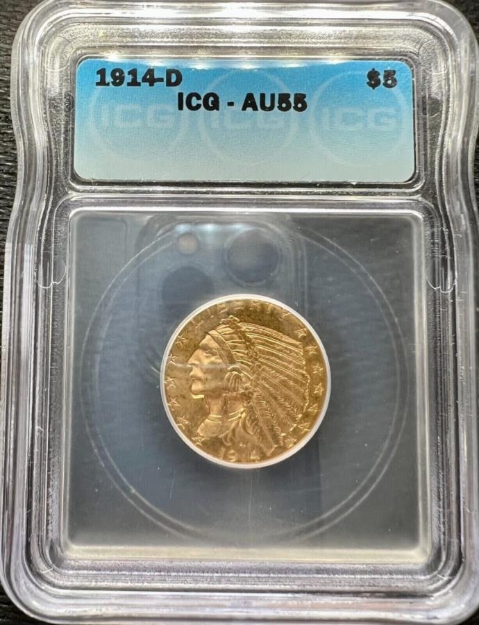 yɔi/iۏ؏tz AeB[NRC _RC [] 1914-D $ 5S[hCfBAwbhICG AU55 1914-D $5 Gold Indian Head ICG AU55