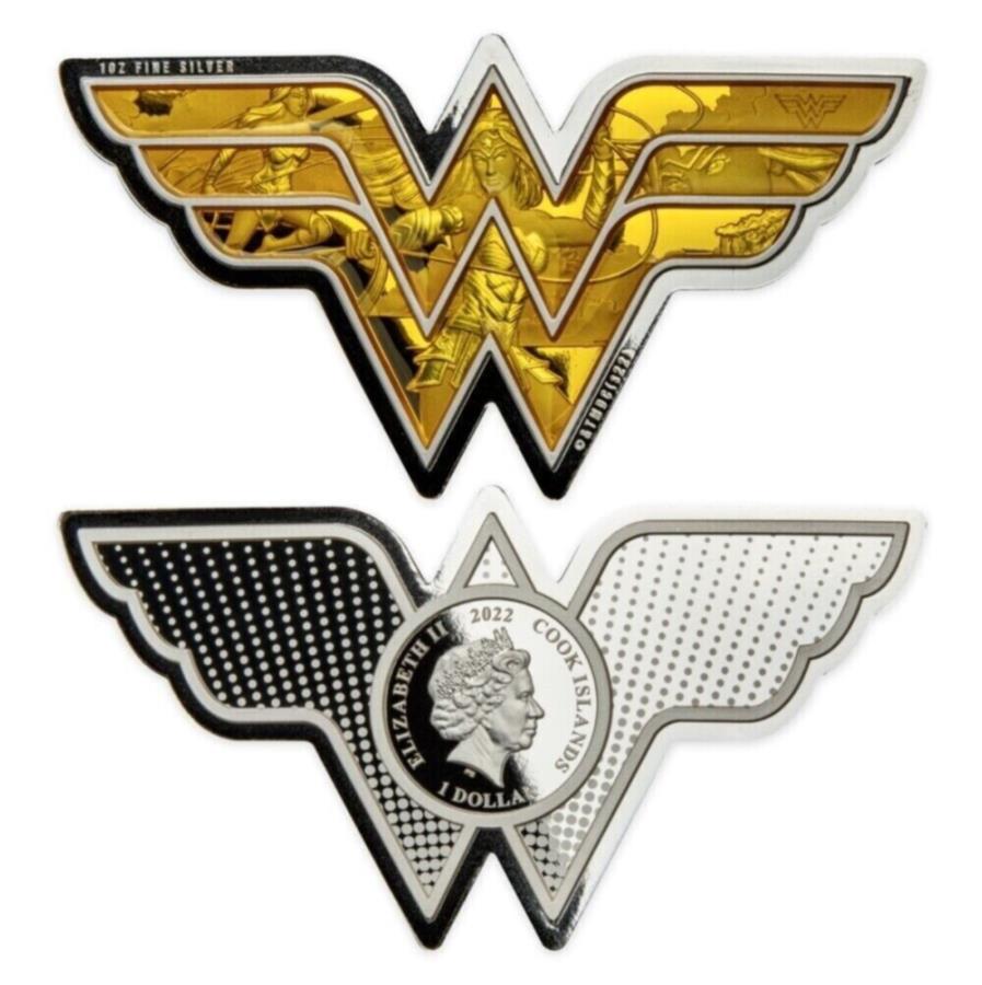 【極美品/品質保証書付】 アンティークコイン モダンコイン 送料無料 2022クック島1オンスDCコミックワンダーウーマンエンブレム型シルバーコイン（box w/box） 2022 Cook Islands 1 oz DC Comics Wonder Woman Emblem Shaped Silver Coin (w/Box)